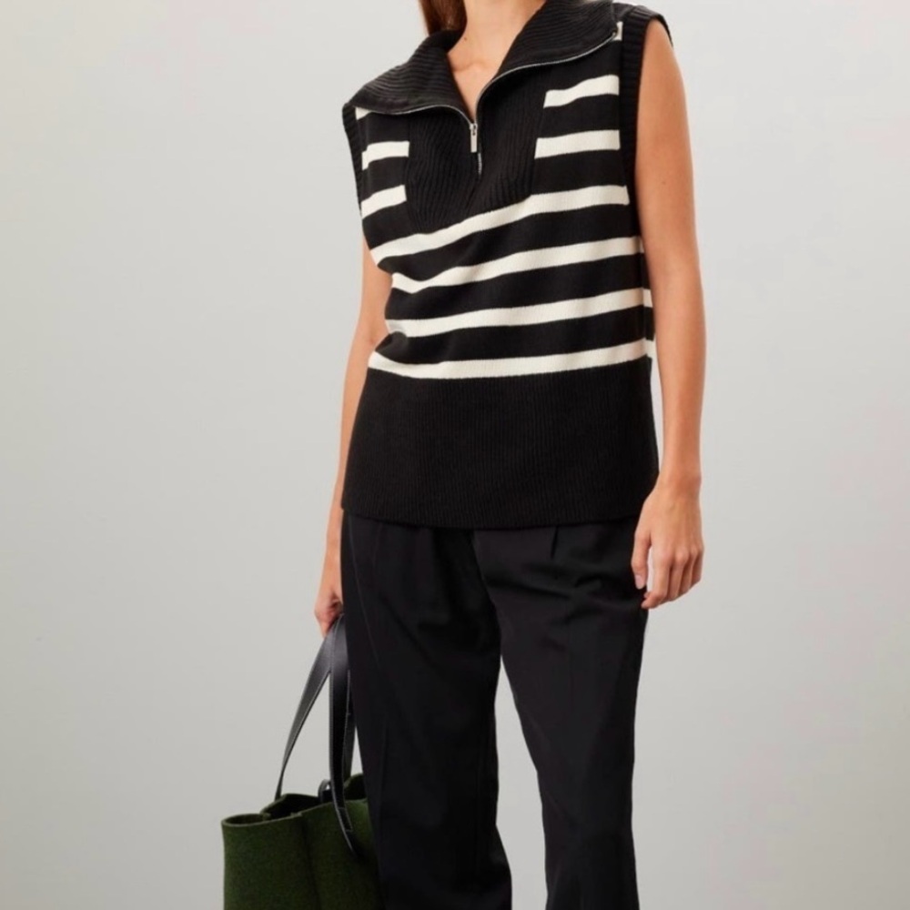 Black and White Striped Zip-Up Sweater Vest